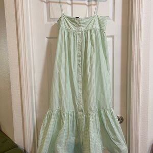 Zara Baby Doll Maxi Mint Green Striped Sundress with Spaghetti Straps size L